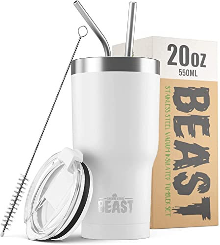 BEAST Mug Isotherme Cafe - 550ml I Blanc arctique I Acier Inoxydable I Réutilisable, Tasses Isothermes I 2 Pailles et Brosse Nettoyage I Thermos Cafés de Voyage Double Paroi I Café Chaud ou Glacé
