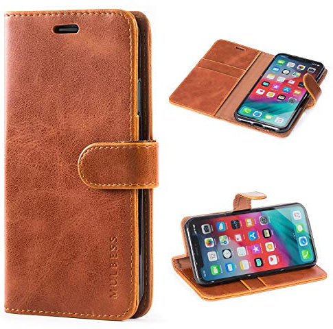 Mulbess Handytasche für iPhone XR Hülle, Ledertasche mit Bookstyle, Standfunktion, Kartenfächern Handyhülle, Vintage Cognac Braun