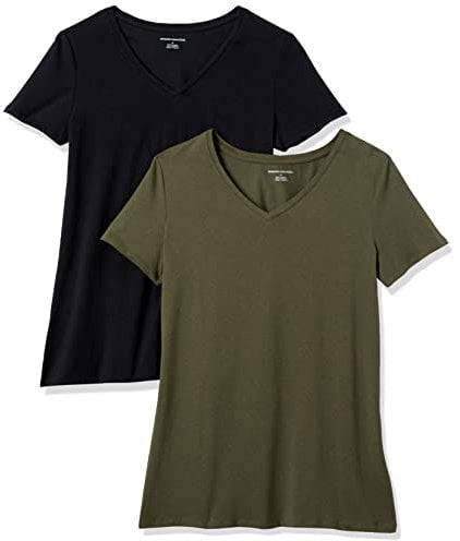 Amazon Essentials Women's Regular-Fit Short-Sleeve V-Neck T-Shirt, Pack of 2, Olive/Black, L