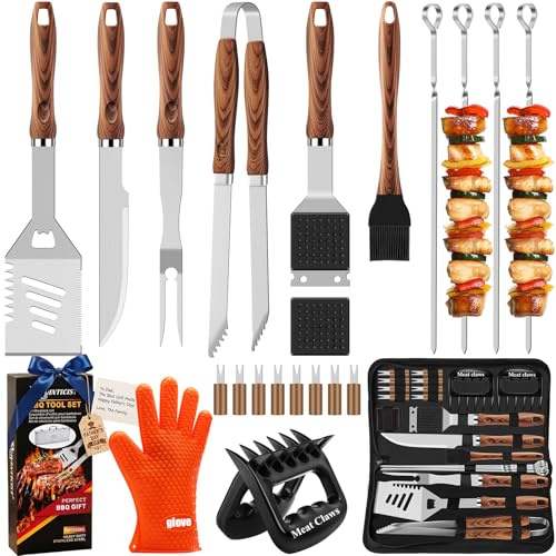 ROMANTICIST 27pcs Heavy Duty Grilling Gifts for Men Dad Fathers Day, Extra Thick BBQ Accessories Tools Set, Stainless Steel Grill Utensils Kit with Meat Claws,Canvas Bag for Outdoor Camping Brown