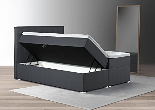 Tesla Dreams Adler Boxspringbett mit bettkasten 160x200 - Stauraum 1,00 m3, Taschenfederkern-Matratzen H3, Topper Komfortschaum-3D, Anthrazit