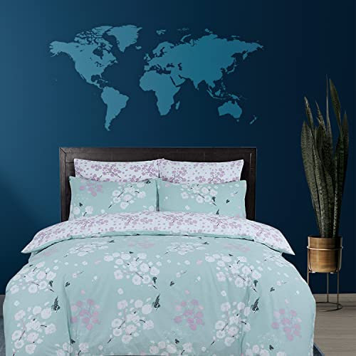 DTEX HOMES Super King Duvet Set 100% Pure Cotton Reversible Printed Hotel Quality Duvet Cover Ultra Soft Easy Care Super King Duvet Cover Set Super Soft and Luxury Duvet Cover Sets (Blossom DuckEgg)