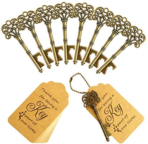 WODEGIFT 100 STÜCKE Schlüssel Flaschenöffner, Vintage Skelett Schlüssel Flaschenöffner mit Begleitkartenanhänger und Schlüsselanhänger, rustikale Dekoration für Hochzeitsgeschenke(Bronze)