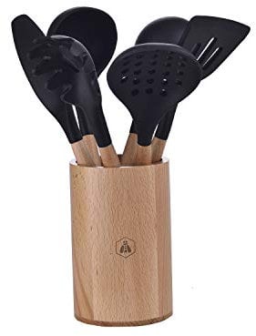 LAGUIOLE 5 x Ustensiles de Cuisine - Écumoire, Louche, Spatule, Pinceau à badigeonner, Cuillère à spaghetti, Friture, Sauce- Antiadhésif- Noir - Silicone - Bois clair 40268158