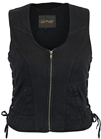 Daniel Smart Damen-Denim-Weste mit rundem Halsausschnitt, Jean, Motorradweste mit seitlichen Schnürsenkeln und verdeckter Armory-Tasche