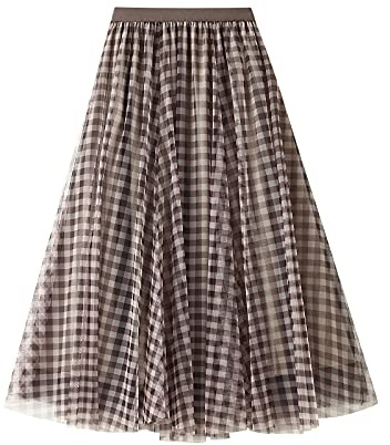 DISSA Jupe Trapèze Vichy Tulle Midi Femme,Taille Unique | Ceinture élastique marron, mesh vichy beige brun, texture plissée, superposition tulle, silhouette évasée A-line, look casual
