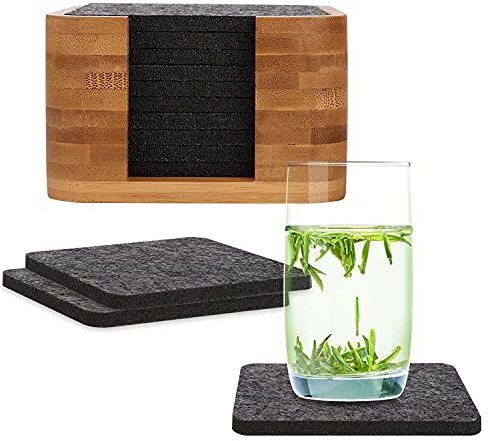 VVTB Filz Untersetzer Quadrat für Gläser - 10er Set Inkl. Bambus Box - extra wasserabweisend und schmutzabweisend, in anthrazit für Getränkeflaschen, Tassen, Bar, Glas -Tischdeko,Tischschutz
