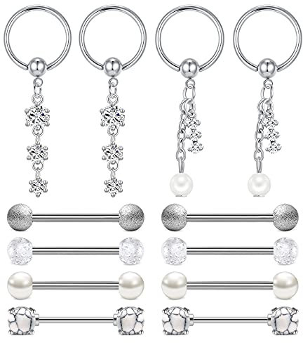 D.Bella Brustwarzenpiercing Chirurgenstahl Nippel Ringe 14G Zungenpiercing Nippelpiercing 12 STK Barbell Piercing Schmuck
