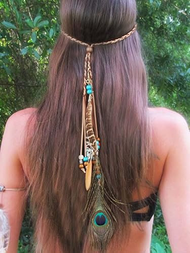 Fashband Feder-Stirnband, Boho, Pfau, indisches Stirnband, Vintage-Stil, Tribal-Kopfschmuck, Hippie-Festival, Party, Haarschmuck für Frauen und Mädchen