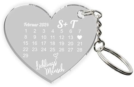 MyPrezzie Gravur Schlüsselanhänger personalisiert mit deinem eigenem Foto/Bild, Wunschtext | Partner Liebes Geschenkidee | Valentinstags für Sie und Ihn (Herz-Kalender)