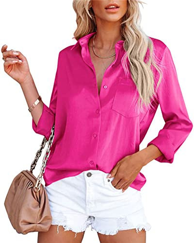 Minetom Femme Chemisiers en Satin à Col V Chic Tunique Casual Shirt Manches Longues Blouse Chemisier Bouton Décontracté pour Femmes Shirt Automne Hiver Bouton Tops A Rose M