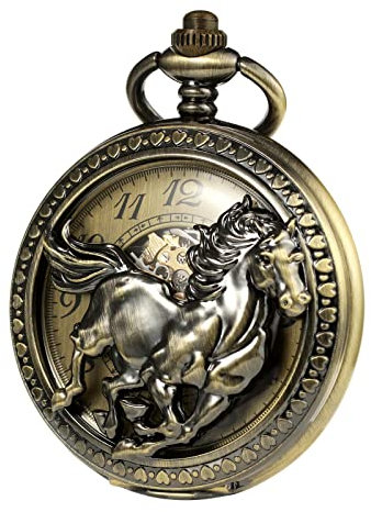 TREEWETO Unisex mechanische Bronze Taschenuhr für Herren, 3D Pferd Arabische Zahlen Taschenuhrn mit Ketten Skelett Zifferblatt
