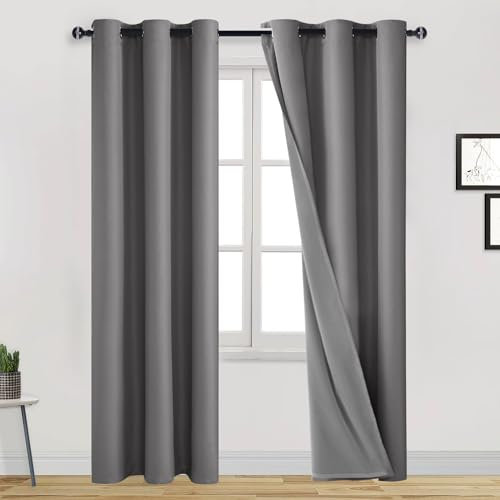 DWCN Graue 100 % Verdunkelungsvorhänge, 213 cm lang, 2 Paneele für Schlafzimmer, wärmeisoliert, geräuschreduzierender Vorhang mit schwarzem Einsatz für Wohnzimmer/Schlafzimmer/Küche (Grau, 106,7 cm B