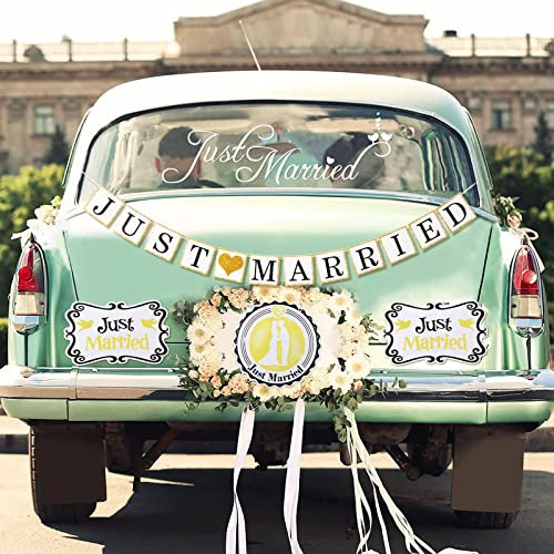 Whaline 5pcs Just Married Wedding Car Decorations - Round & Rectangular Magnets, Banner & Window Decal - White - Celebratory Wedding Style