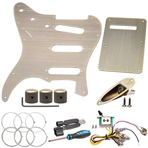 Unxuey SSS Strat Guitar Pickguard and Back Plate Set with Guitar Wiring Harness, Potentiometer Knob, Guitar Jack Socket and Screws for Fender Style Stratocaster Guitar Parts, Bronze