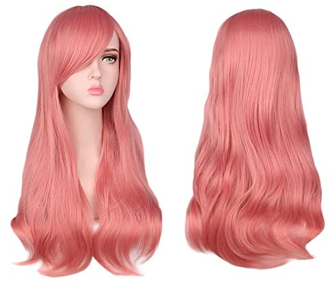 Aomig Lange lockige Haar Perücken für Frauen, Natürlich Synthetische Perücke mit Pony für Damen, Wavy Hitzebeständige Perücken mit Brille Haarnetz für Alltag/Party/Cosplay(Rosa)
