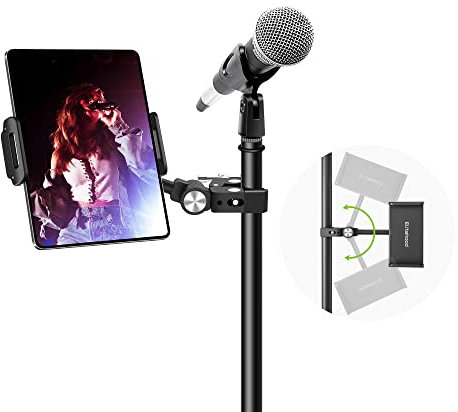 elitehood 2023 Newest Aluminum iPad Holder for Mic Stand, Side Mount iPad Music Stand Holder for Microphone, 360° Adjustable Mic Stand Tablet Holder for iPad, iPhone and More 4-13in Tablet