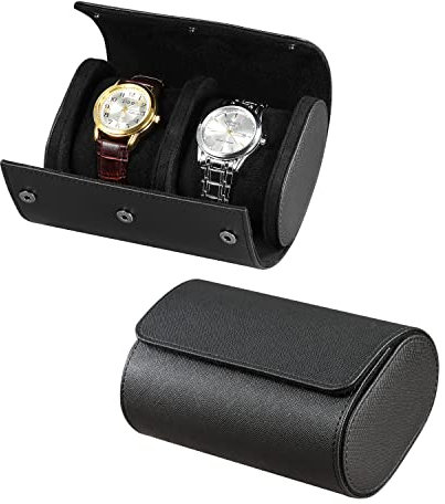 Uhrenrolltasche für Herren und Damen für 2 Uhren,sichere Aufbewahrung mit innovativen herausnehmbaren Kissen und stabilen Trennwänden, auf Reisen und zur Präsentation (schwarzes Kreuz, 2 Fächer)