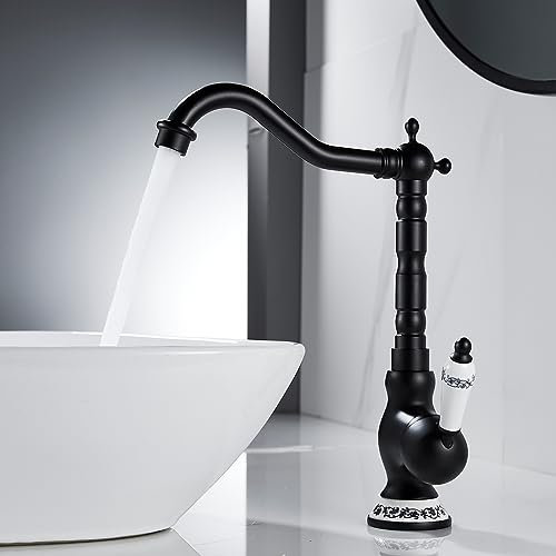 AIMOYO Wasserhahn Bad Schwarz, Hoch Waschtischarmatur Retro mit 360° Drehbarer Auslauf, Einhebelmischer Badezimmer Waschbecken Mischbatterie aus Messing für Badezimmer/Küche, Schwarz Matt, G3/8
