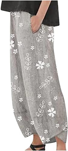 SMIDOW Caprihose für Damen, Baumwoll-Leinen, weites Bein, Caprihose, lässig, Sommer, kurze Hose, Strand, elastische Taille, Baggy, bauchfreie Hose