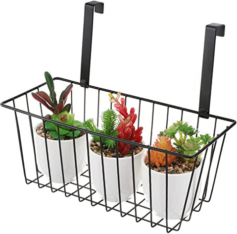 Alipis Metal Railing Planter Iron Hanging Shelf Basket with Hooks, Flower Pot Hanging Storage Basket Over Fence Plant Hanger