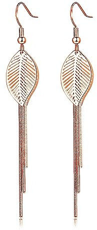 Deyanse Dangle Drop Earrings for Women, 925 Sterling Silver Leaf Tassel Drop Earrings, Hypoallergenic Long Snake Chains Dangle Earrings, Fashion 85mm Rosegold Hook Hanging Earrings with Gift Box