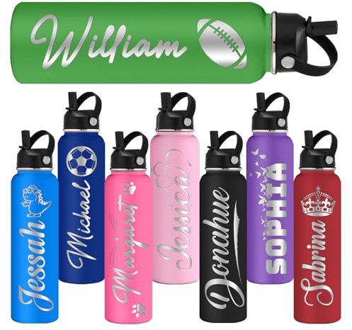 GBVllexuii Custom Water Bottles Personalised Stainless Steel Water Bottle with Straw Lid Insulated Sport Water Bottle 24oz Engraved Name Text Kids Women Men Gifts Green