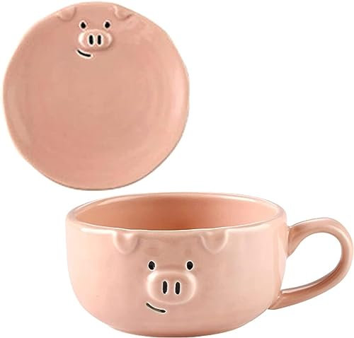 FoOhy Porzellan-Set mit rosa Schweinchen-Tasse und Untertasse, 213 ml, süße Tasse und kleiner Teller für Kaffee, Cappuccino, Latte, Milch, Wasser, Tee, Dessert und kleine Müslischale