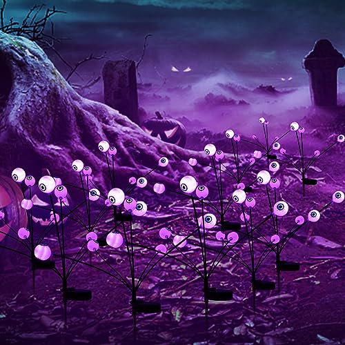 Starnearby 2 Stück Solarlampen Halloween Deko Garten, 8 LED Augapfel Halloween Lichter, Solar Gartenlichter Außen, IP65 Wasserdicht Leuchtend Lichterkette für Halloween Dekoration (Lila)
