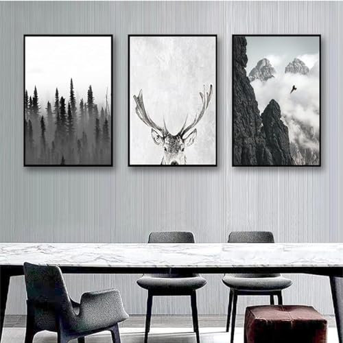 MHLCMG Leinwand Malerei Schwarz Weiß Landschaft Wald Hirsch Bilder Wandkunst Minimalistisch Poster Kunstdruck Bild Wand Wohnzimmer Schlafzimmer Dekor Kein Rahmen (3X50X80CM)