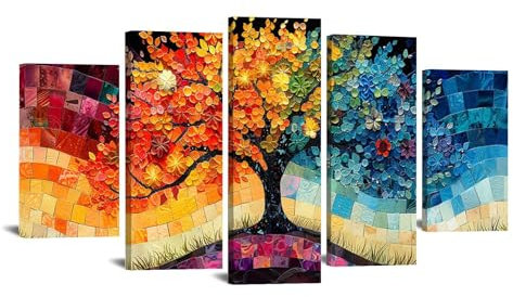 JOSUE 5 pezzi Albero Della Vita Quadri Albero delle Quattro Stagioni Stampe E Quadri Su Tela,Giallo Quadri Decorazioni Soggiorno Sala Da Pranzo Bar-60x125cm Incorniciato