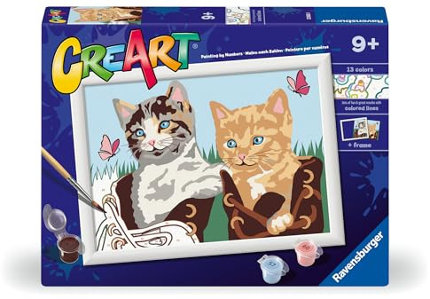 Ravensburger CreArt Serie D: Kätzchen in Stiefeln, Malen nach Zahlen für Erwachsene und Kinder, Gemälde nach Zahlen, inklusive komplettem Malset und Rahmen, für Kinder ab 9 Jahren, 24 x 18 cm