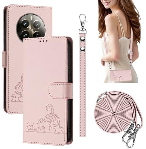 WBWONE Funda para Realme 12 Pro 5G / Realme 12 Pro+ Plus 5G, Billetera Carcasa Magnética con Soporte y Cartera para Tarjetas, PU/TPU Cuero Case con Cuerda Larga. Oro Rosa