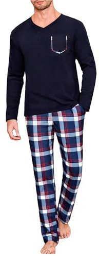 Uniexcosm Pyjama Homme Hiver Coton Ensemble de Pyjama à Carreaux Vêtements de Nuit à Manches Longues Ensemble Pyjama Homme à Carreaux