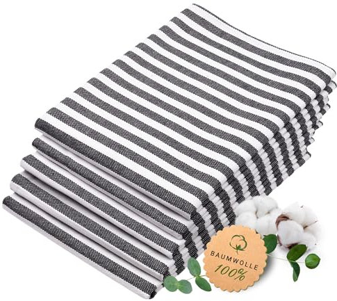 ZOLLNER Set de 5 torchons, 50x70 cm, Coton, Noir Blanc rayé, 215g/m²
