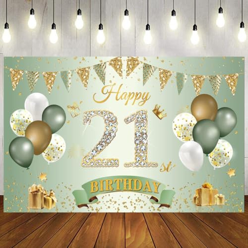 Happy 21st Birthday Banner Sage Green Gold, 1.1 x 1.8 m Backdrop for Boys Girls, Years Old Anniversary Party Decorations and Supplies