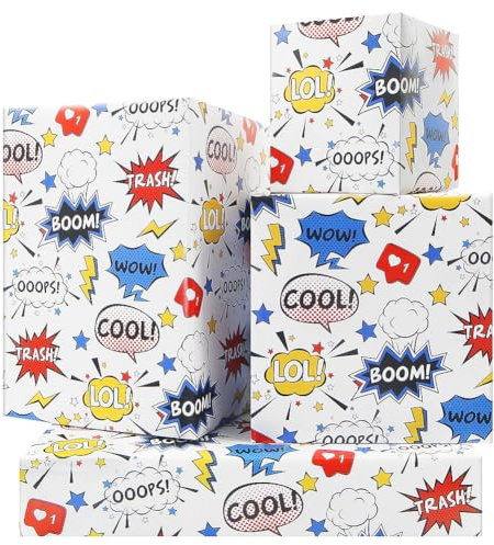 Comicbuch-Geschenkpapier für Jungen, Mädchen, Kinder, Boom Wow OOOPS bunter Cartoon-Druck auf weißem Kunstpapier, flach gefaltet, Comicbuch-Thema, Geschenkpapier für Geburtstag, Urlaub, Weihnachten,