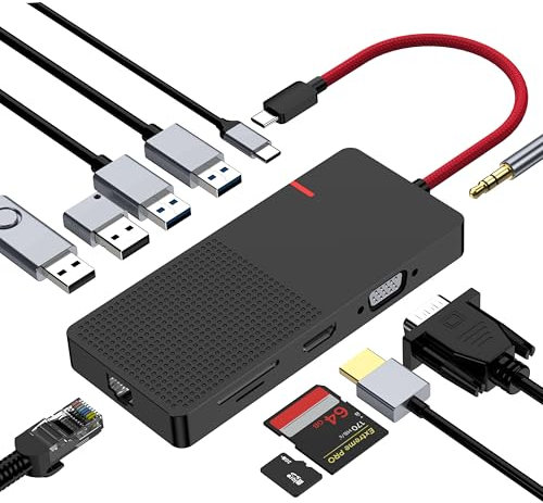 Station d'accueil USB C Dual Display Adaptateur multiport USB C vers HDMI 11-en-1 avec VGA 100W PD Charge (2usb 3.0 / 2usb 2.0) Ethernet RJ45 TF/SD Lecteur de Carte pour MacBook iPad Pro Dell HP
