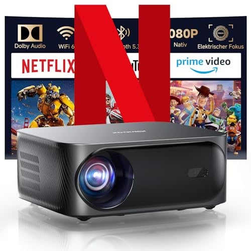 4K Beamer, 30000 Lumen iSinbox WiFi6 Bluetooth Smart Beamer, Mit Netflix-App & Kinoähnlichem Sound, Full HD 1080P Projektor mit Remote Fokus, Trapezkorrektur, 100%-50% Zoom, Heimkino & Outdoor