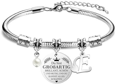 HEYEJET Du Bist Großartig Armband Damen Initiale Buchstabe Personalisierte Silber A-Z Buchstabe Armband Ein Inspirierendes Armband Das Geburtstags Geschenk für Frauen Mädchen Sie Freunde (E)