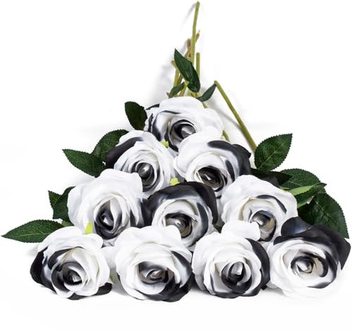DuHouse 10er Set Künstliche Rosen aus Seidenstoff–54 cm Lange Stiele, Realistische Fake Blumen für Hochzeit, Brautstrauß, Party Tischdekoration & Haus Dekor(Schwarz-Weiß)
