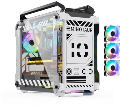 MegaPC Mino Open-Frame ATX Gaming Case – Industrial Design, Tempered Glass Panels, High Airflow, ARGB Lighting, USB-C Port (Black/White/Print Stream, with Fans Only)