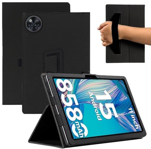 KZIOACSH Tablet Case for DOOGEE U11/DOOGEE U11 Pro 11 Inch, Full Coverage PU Leather Folding Stand Folio Cover Auto Sleep/Wake Anti-Scratch Back Case with Pencil Holder and Wrist Strap,Black