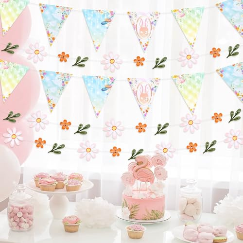 Dayker 3PCS Triangle Bunting Banner Garland, Spring Floral Flags Pennant Garlands, Reusable Paper Hanging Decorations, Carnival Theme Birthday Party Outdoor Events Decor Supplies | Reusable Floral Wildflower Paper Hanging Decorations, Carnival Theme Birthday Party Outdoor Events Decor Supplies