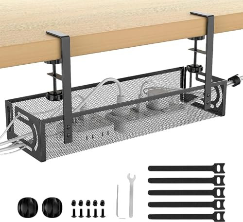 Under Desk Cable Management Tray - No Drill Wire Organizer, Desk Cable Tidy Basket for Extension Cords & Wires, Office/Home/Kitchen Storage Solution, Fits Computer, Internet Cafe & Workspaces (Black)