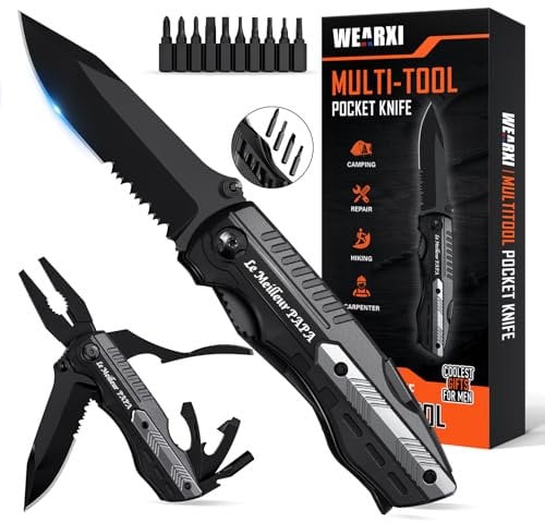 WEARXI Cadeau Papa, 13 en 1 Couteau de Survie Pliant Multifonction, Idee Cadeau Fete des Peres Original, Couteau Suisse de Poche, Idéal pour Camping, Randonnée, Outdoor, Bricolage, Survie