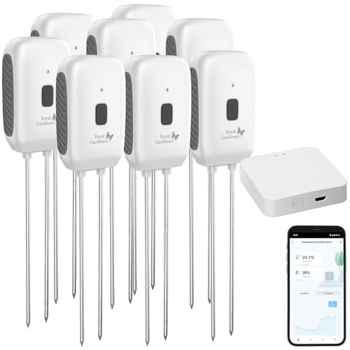 Royal Gardineer Garten-Boden-Thermometer: 8er-Set Boden-Feuchtigkeits-&Temperatur-Sensoren mit WLAN-Gateway, App (Feuchtigkeitsmesser WLAN, Moisture Sensor, Messer)