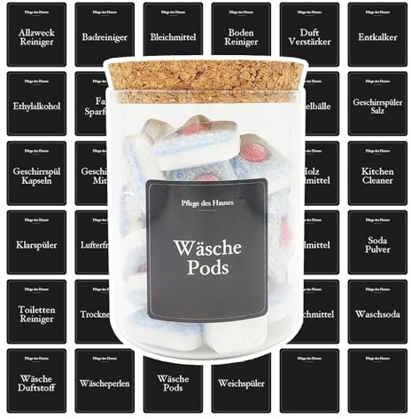 36 Etiketten Pflege des Hauses Schwarze - Etiketten Waschmittel Organizer, waschmittel aufbewahrung pulver, spülmittelspender glas, waschmittelbox für pulver, behälter für waschpulver dosierer