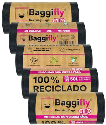 Baggifly, Bolsas de Basura 50L, 100 Bolsas Súper Resistentes, 100% Recicladas, Cierra Fácil, ECO Friendly, Hogar, Oficinas y Hostelería, Pack 5 x 20, Fabricado en España