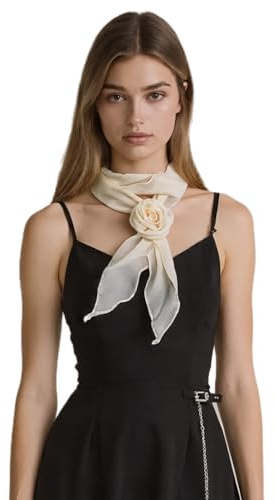 COtheSumay Women's Detachable Flower Scarf – Elegant Long Fashion Scarf, Versatile Hair Ribbon & Neck Kerchief (Apricot white)